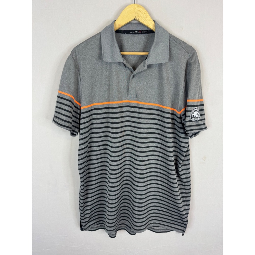 RLX Ralph Lauren Mens Grey Striped Golf Polo Shirt Jasper Park Lodge Large